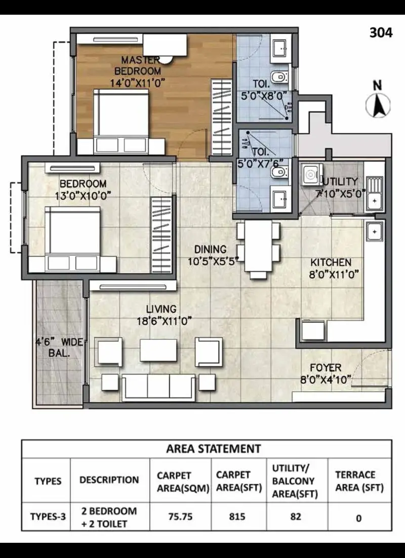 2 BHK 2 Toilet